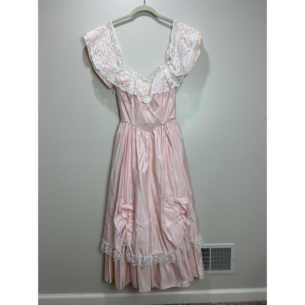 VTG 80s Roberta California Pink Satin Lace Cottagecore Dress Prairie Princess S